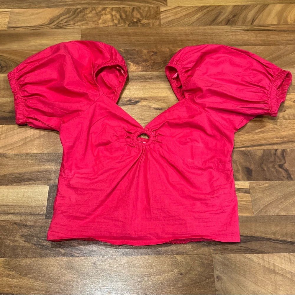 Sim & Sam Bubble Sleeve Crop Top Smocked Back Ring Sweetheart Neckline Size‎ Med